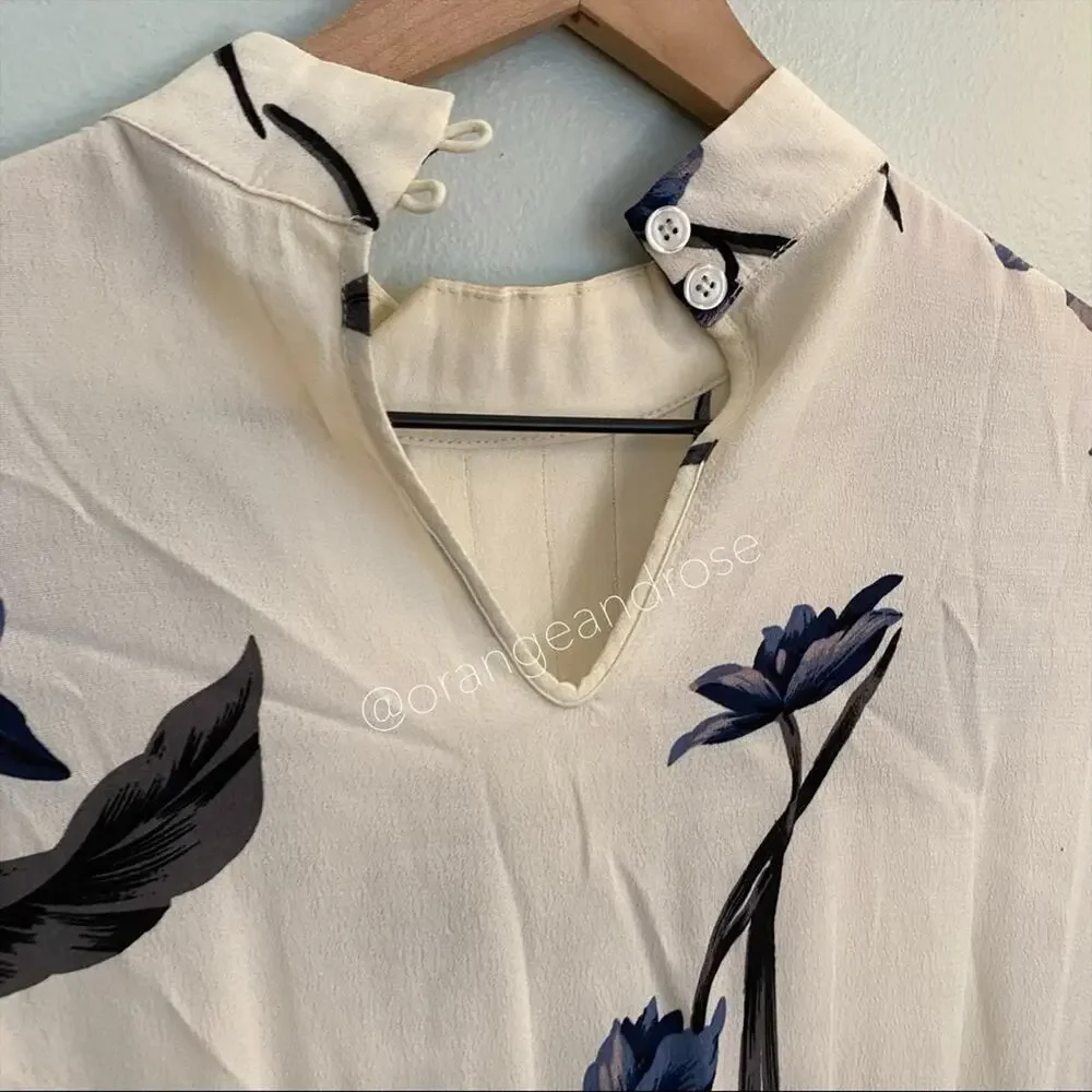 GANNI Ivory Flash Dark Floral Pleated Front High Neck Elbow Length Mini Dress XS